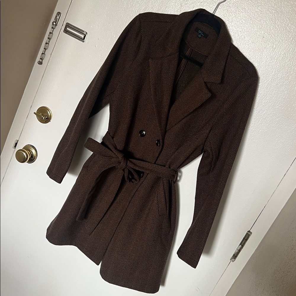 Brown Herringbone Tie Waist Peacoat